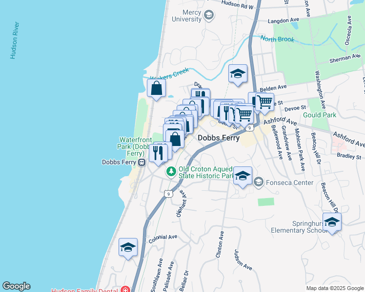 map of restaurants, bars, coffee shops, grocery stores, and more near 75 Main Street in Dobbs Ferry