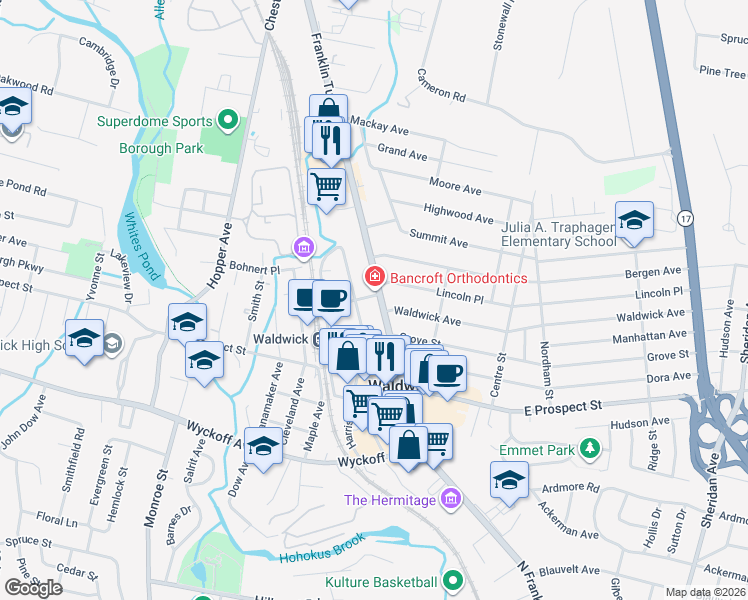 map of restaurants, bars, coffee shops, grocery stores, and more near 92 Franklin Turnpike in Waldwick