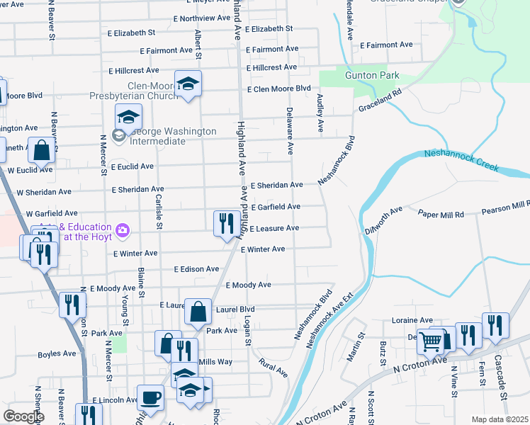 map of restaurants, bars, coffee shops, grocery stores, and more near 409 East Garfield Avenue in New Castle