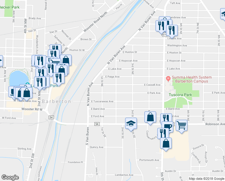 map of restaurants, bars, coffee shops, grocery stores, and more near 244 East Cassell Avenue in Barberton