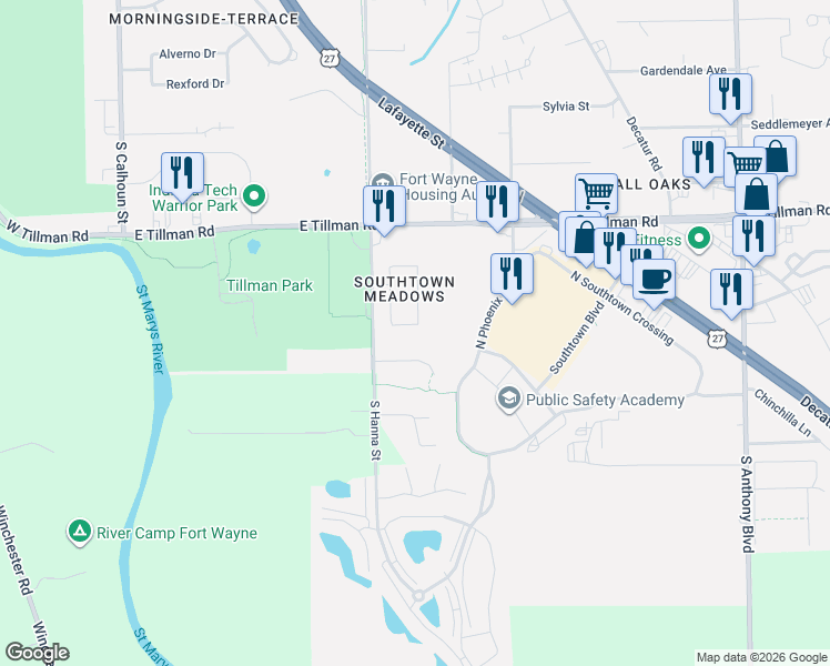 map of restaurants, bars, coffee shops, grocery stores, and more near 799 South Melody Circle in Fort Wayne