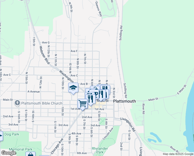 map of restaurants, bars, coffee shops, grocery stores, and more near 524 Avenue C in Plattsmouth