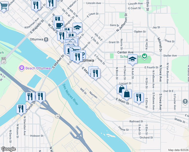 map of restaurants, bars, coffee shops, grocery stores, and more near 529 East Main Street in Ottumwa