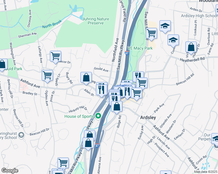 map of restaurants, bars, coffee shops, grocery stores, and more near 24 Northfield Avenue in Dobbs Ferry