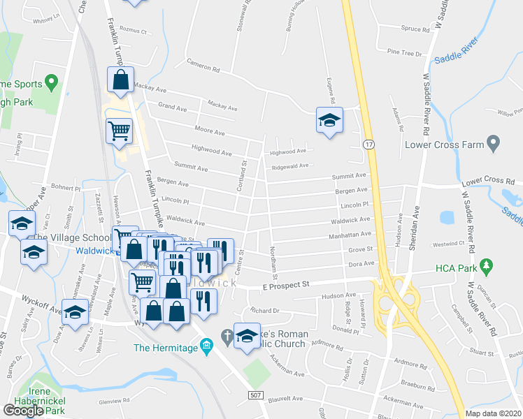 map of restaurants, bars, coffee shops, grocery stores, and more near 68 Bergen Avenue in Waldwick