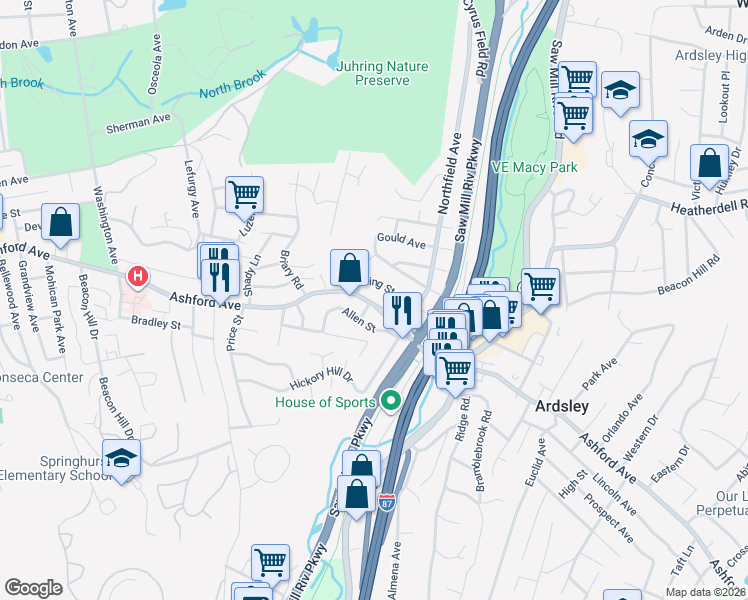 map of restaurants, bars, coffee shops, grocery stores, and more near 349 Ashford Avenue in Dobbs Ferry