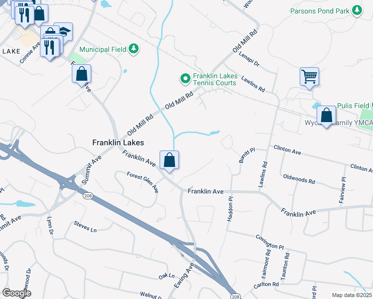 map of restaurants, bars, coffee shops, grocery stores, and more near 615 Franklin Avenue in Franklin Lakes