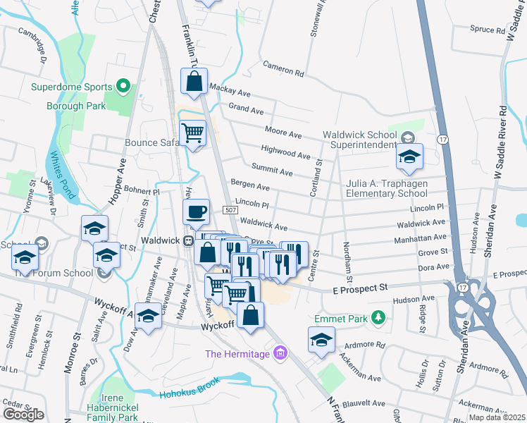 map of restaurants, bars, coffee shops, grocery stores, and more near 26 Lincoln Place in Waldwick