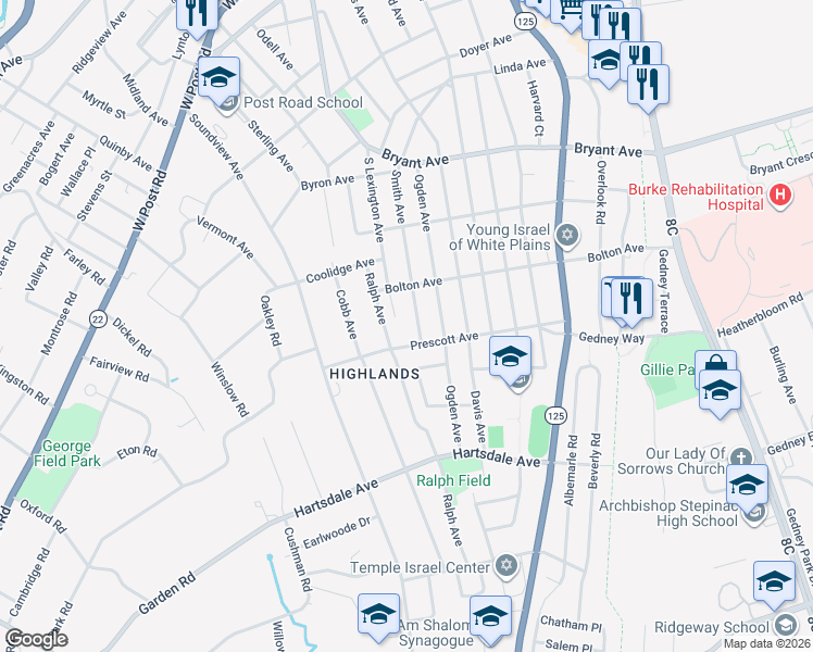 map of restaurants, bars, coffee shops, grocery stores, and more near 104 Smith Avenue in White Plains