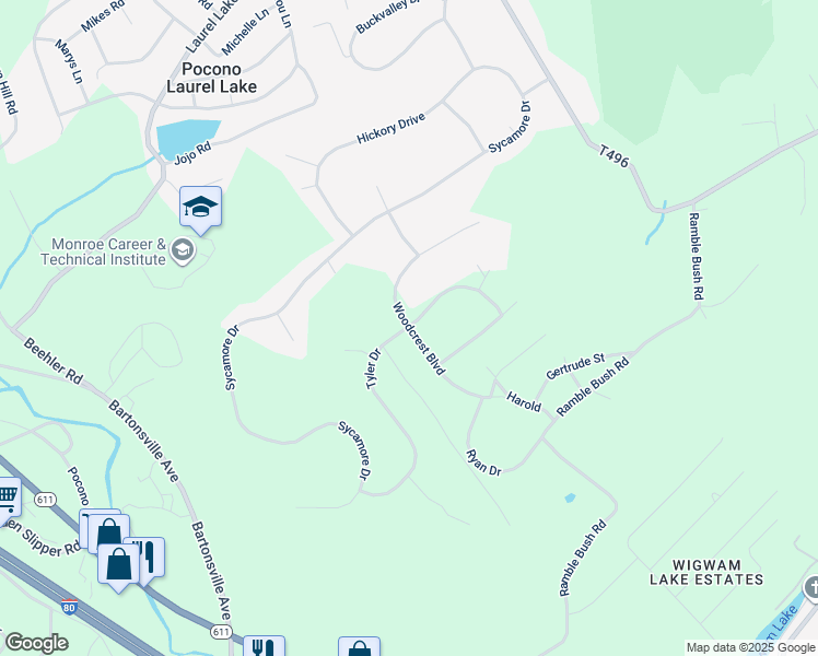 map of restaurants, bars, coffee shops, grocery stores, and more near Woodcrest Boulevard in Stroudsburg
