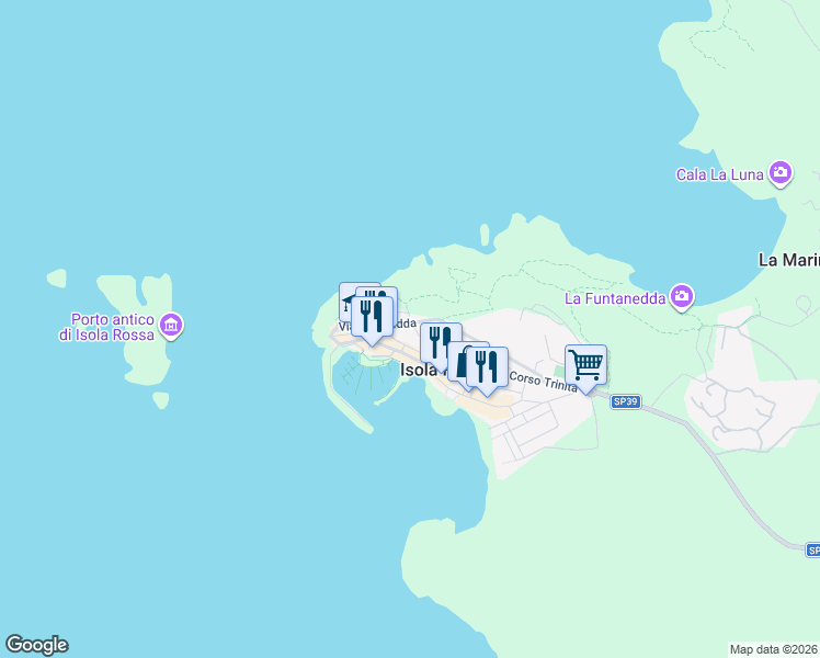 map of restaurants, bars, coffee shops, grocery stores, and more near 68 SP39 in Isola Rossa