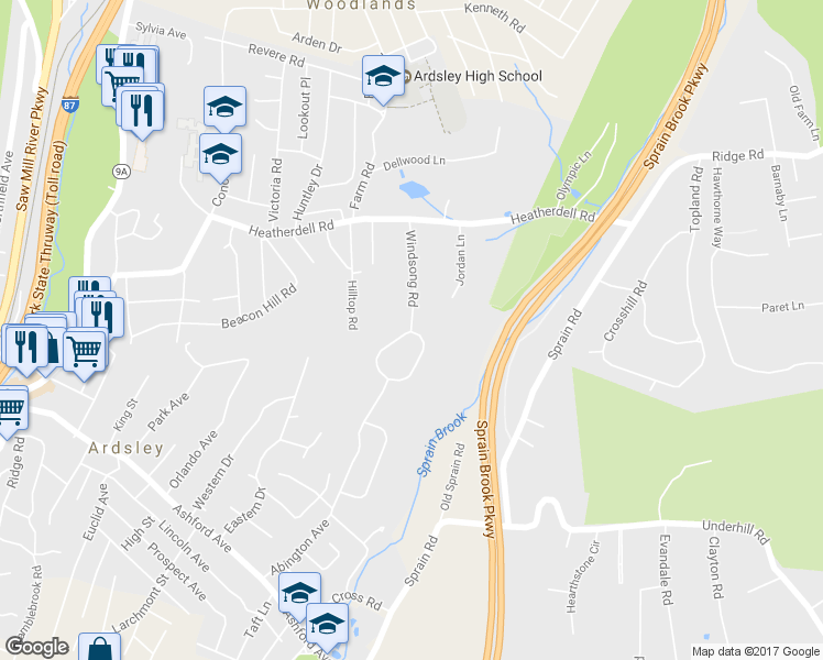 map of restaurants, bars, coffee shops, grocery stores, and more near 9 Windsong Road in Ardsley