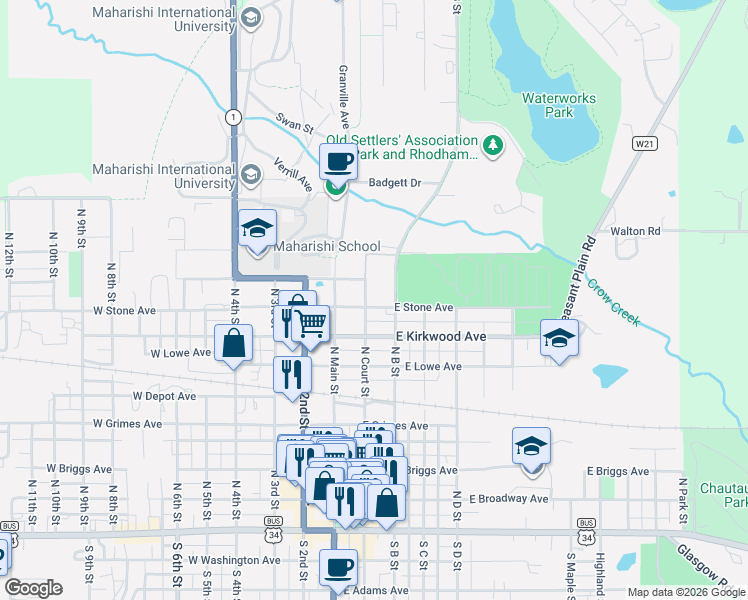 map of restaurants, bars, coffee shops, grocery stores, and more near 701 North Court Street in Fairfield