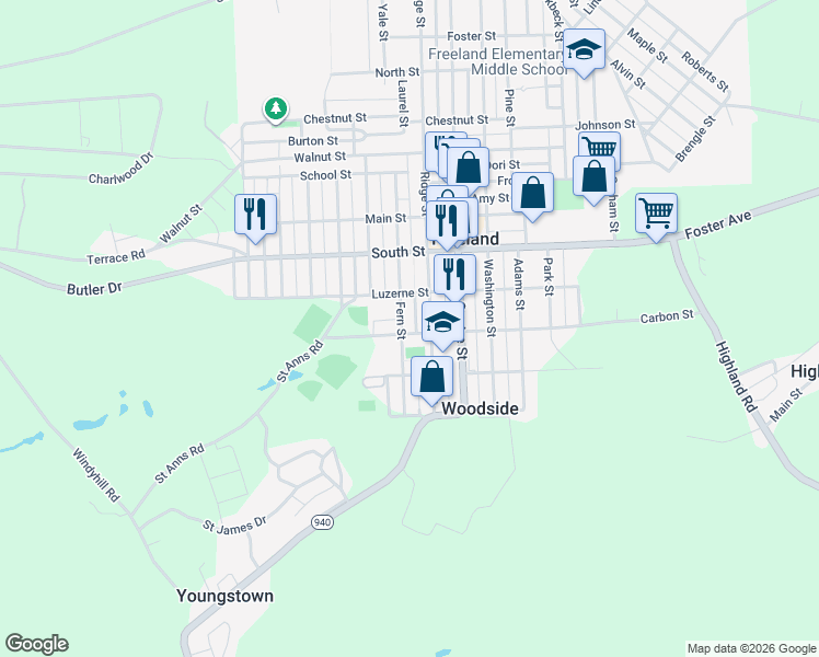 map of restaurants, bars, coffee shops, grocery stores, and more near 300 Fern Street in Freeland