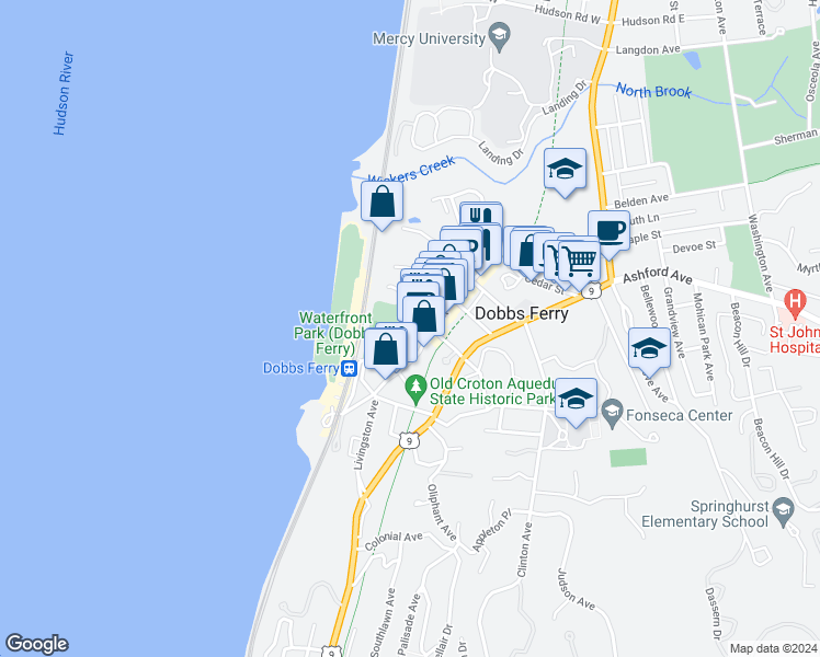 map of restaurants, bars, coffee shops, grocery stores, and more near 75 Main Street in Dobbs Ferry