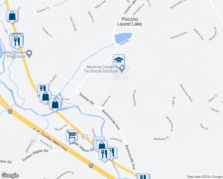 map of restaurants, bars, coffee shops, grocery stores, and more near Barton Court Drive in Bartonsville