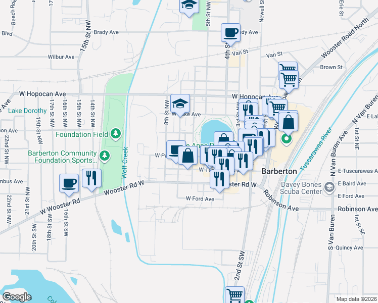 map of restaurants, bars, coffee shops, grocery stores, and more near 143 7th Street Northwest in Barberton