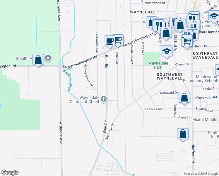 map of restaurants, bars, coffee shops, grocery stores, and more near 7318 Baer Road in Fort Wayne