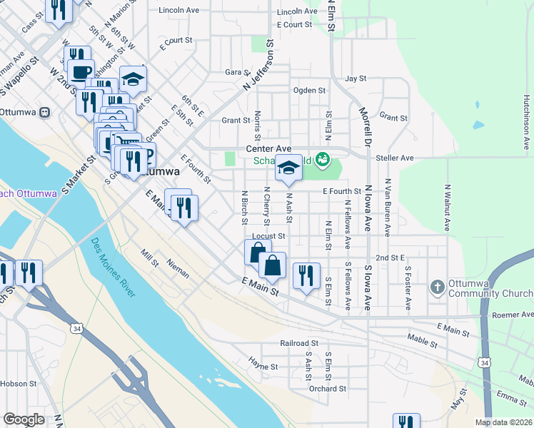 map of restaurants, bars, coffee shops, grocery stores, and more near 301 North Cherry Street in Ottumwa