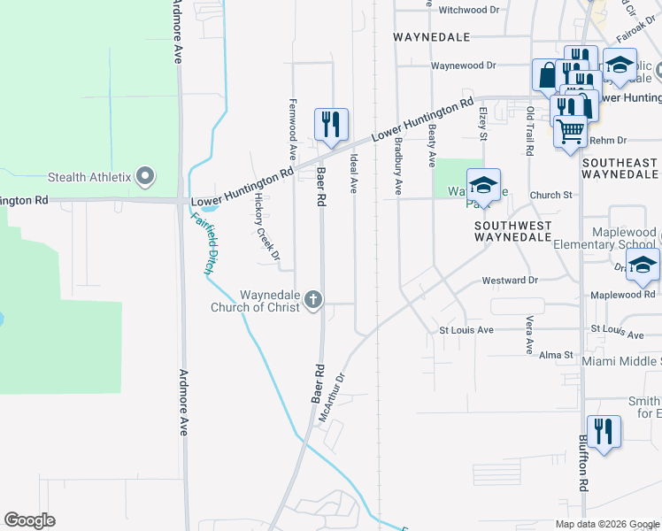 map of restaurants, bars, coffee shops, grocery stores, and more near 7318 Baer Road in Fort Wayne