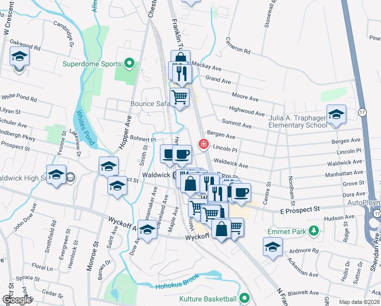 map of restaurants, bars, coffee shops, grocery stores, and more near 60 Harrison Avenue in Waldwick