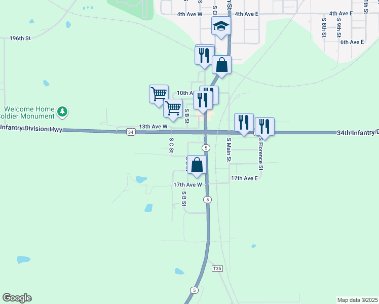 map of restaurants, bars, coffee shops, grocery stores, and more near 127 15th Avenue West in Albia