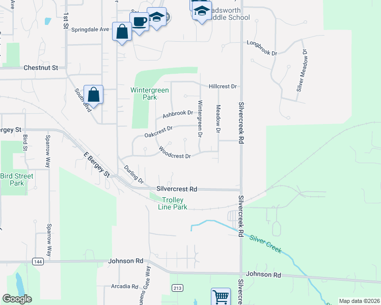 map of restaurants, bars, coffee shops, grocery stores, and more near 550 Wintergreen Drive in Wadsworth