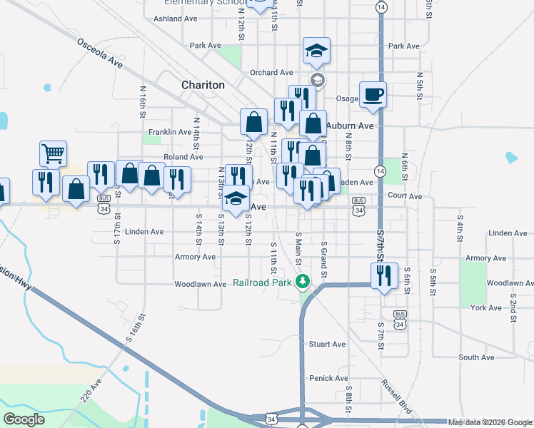 map of restaurants, bars, coffee shops, grocery stores, and more near 1115 Court Avenue in Chariton