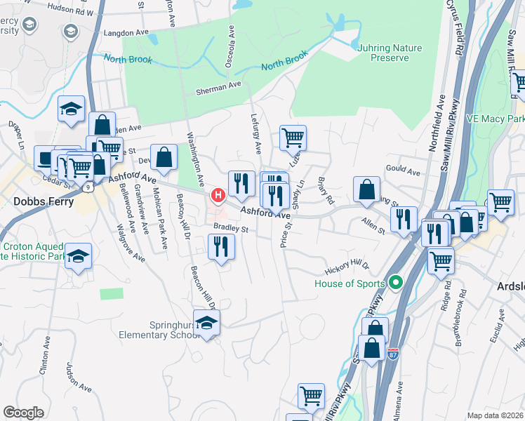 map of restaurants, bars, coffee shops, grocery stores, and more near 94 Virginia Avenue in Dobbs Ferry