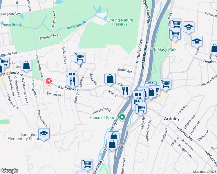 map of restaurants, bars, coffee shops, grocery stores, and more near 349 Ashford Avenue in Dobbs Ferry