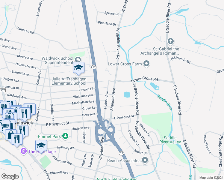 map of restaurants, bars, coffee shops, grocery stores, and more near 96 Sheridan Avenue in Waldwick