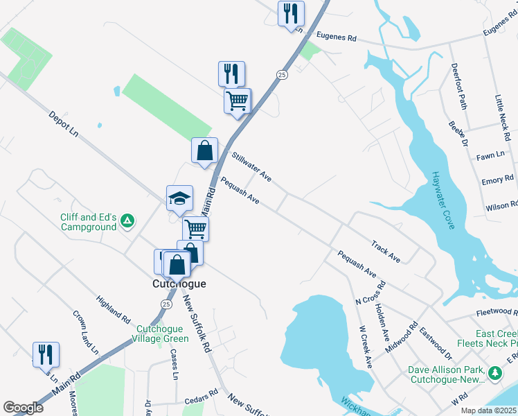 map of restaurants, bars, coffee shops, grocery stores, and more near 850 Pequash Avenue in Cutchogue