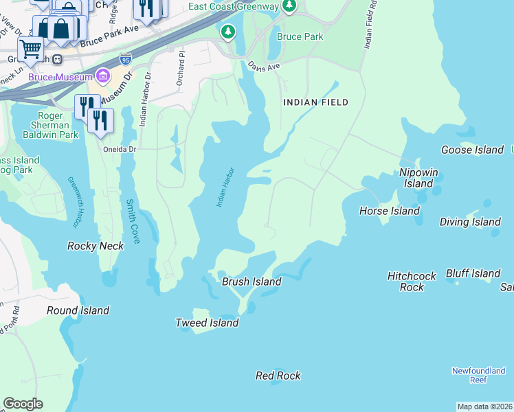 map of restaurants, bars, coffee shops, grocery stores, and more near 16 Windrose Way in Greenwich
