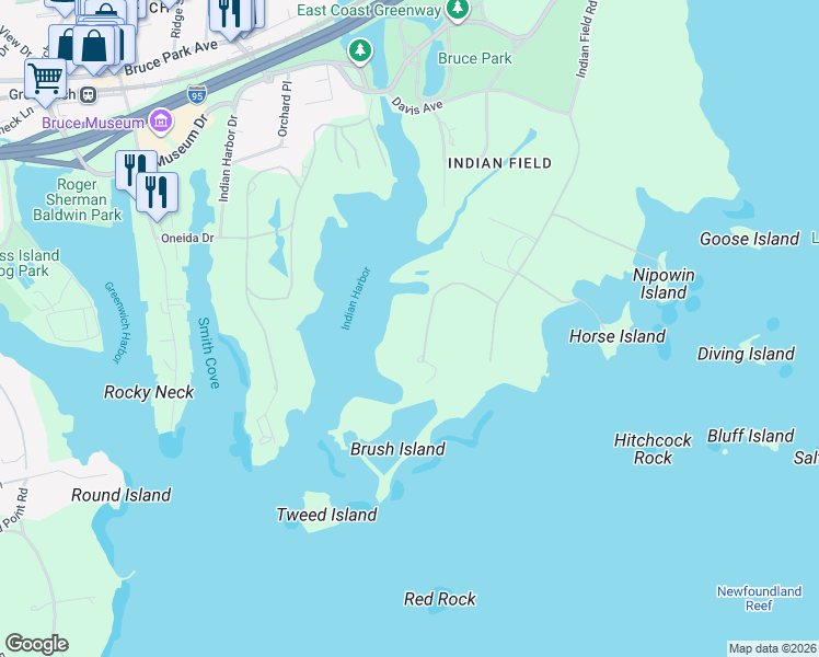 map of restaurants, bars, coffee shops, grocery stores, and more near 16 Windrose Way in Greenwich