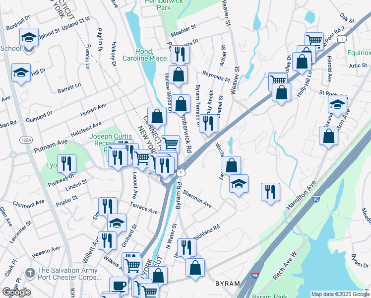 map of restaurants, bars, coffee shops, grocery stores, and more near 10 Pemberwick Road in Greenwich