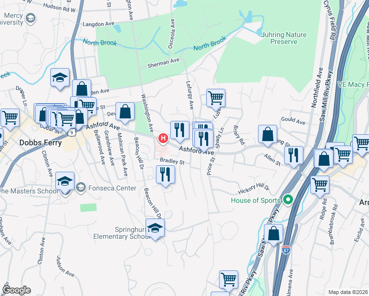 map of restaurants, bars, coffee shops, grocery stores, and more near 72 Virginia Avenue in Dobbs Ferry