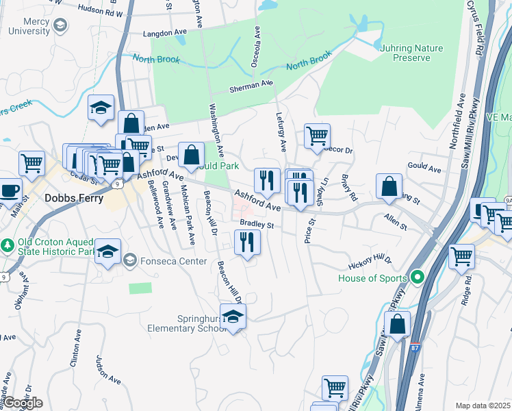 map of restaurants, bars, coffee shops, grocery stores, and more near 154 Ashford Avenue in Dobbs Ferry