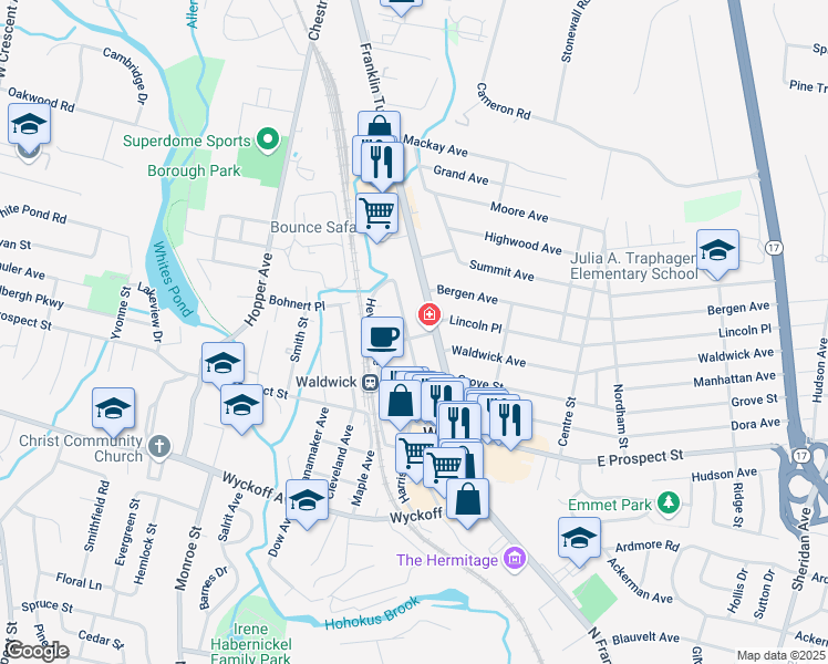 map of restaurants, bars, coffee shops, grocery stores, and more near 92 Franklin Turnpike in Waldwick