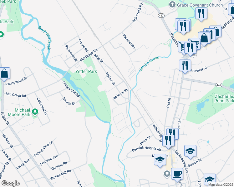 map of restaurants, bars, coffee shops, grocery stores, and more near 339 Race Street in East Stroudsburg