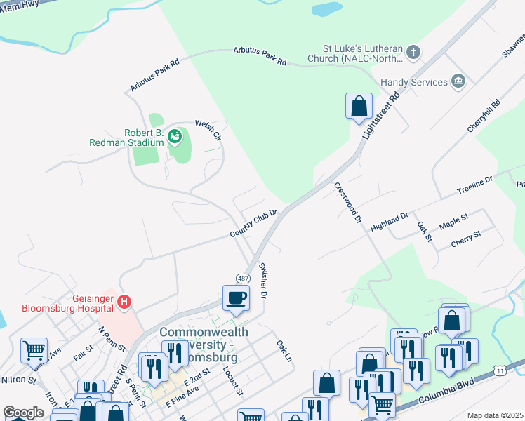 map of restaurants, bars, coffee shops, grocery stores, and more near 925 McGuire Road in Bloomsburg