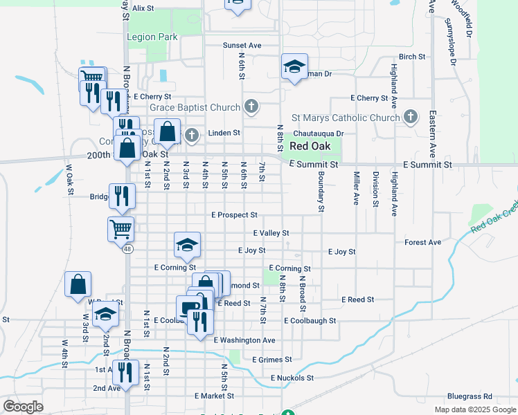 map of restaurants, bars, coffee shops, grocery stores, and more near 610 Elm Street in Red Oak