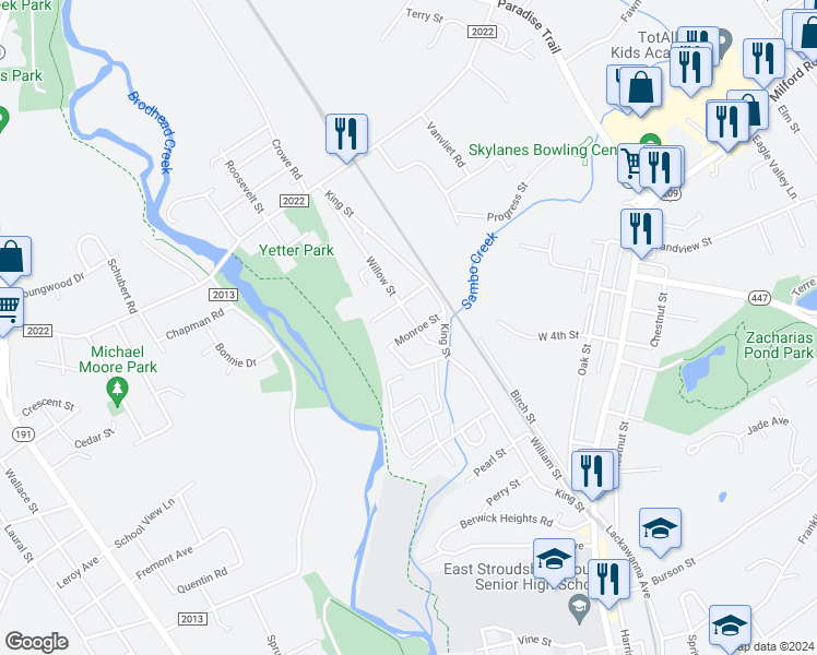 map of restaurants, bars, coffee shops, grocery stores, and more near 330 Monroe Street in East Stroudsburg