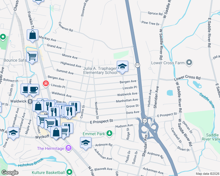 map of restaurants, bars, coffee shops, grocery stores, and more near 100 Bergen Avenue in Waldwick