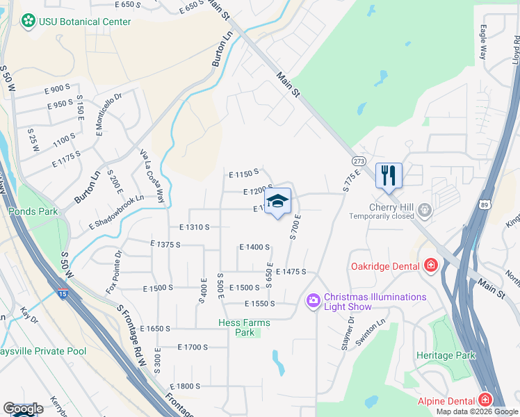 map of restaurants, bars, coffee shops, grocery stores, and more near 598 East 1250 South in Kaysville