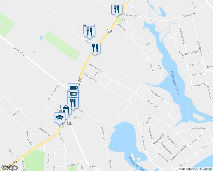 map of restaurants, bars, coffee shops, grocery stores, and more near 1125 Pequash Avenue in Cutchogue
