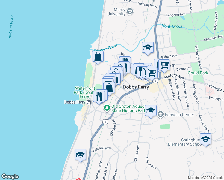 map of restaurants, bars, coffee shops, grocery stores, and more near 80 Main Street in Dobbs Ferry