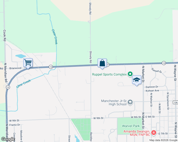 map of restaurants, bars, coffee shops, grocery stores, and more near 1410 Beckley Street in North Manchester
