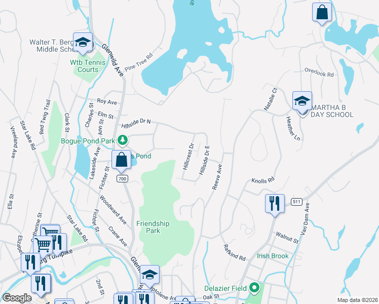 map of restaurants, bars, coffee shops, grocery stores, and more near 11 Hillcrest Drive in Bloomingdale