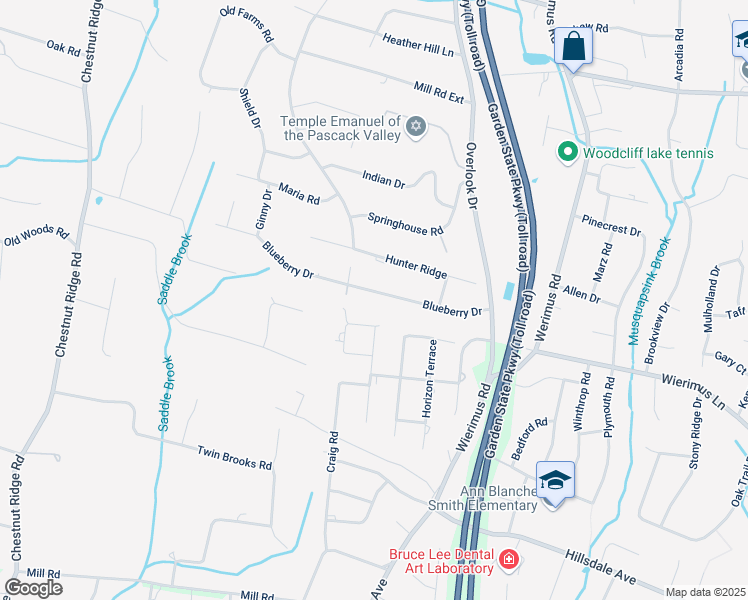 map of restaurants, bars, coffee shops, grocery stores, and more near 63 Blueberry Drive in Woodcliff Lake