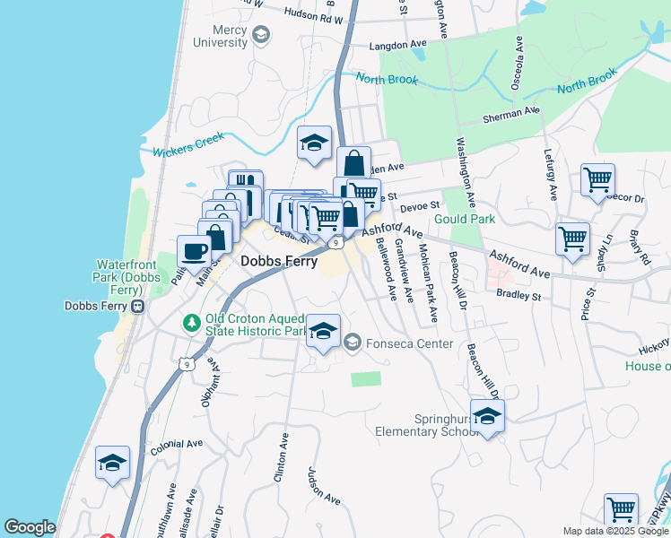 map of restaurants, bars, coffee shops, grocery stores, and more near 390 Broadway in Dobbs Ferry